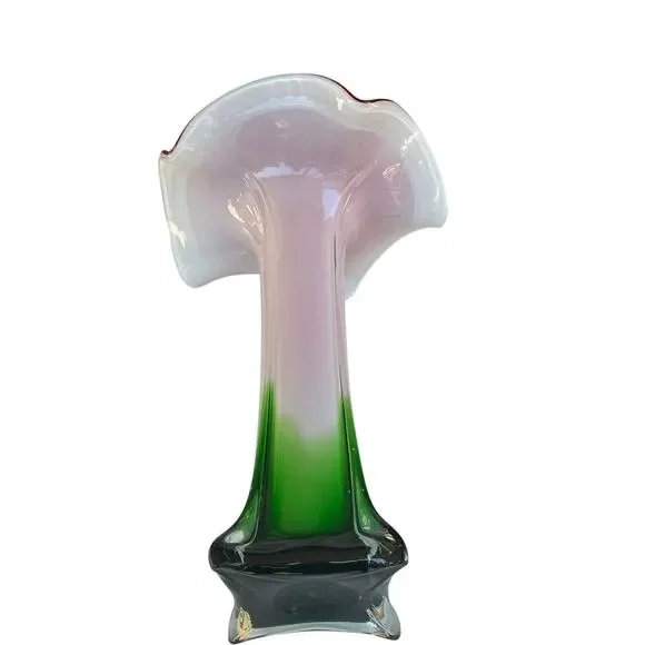 Murano Style Art Glass Vase Red White GreenHand Blown Ruffled Mid Century